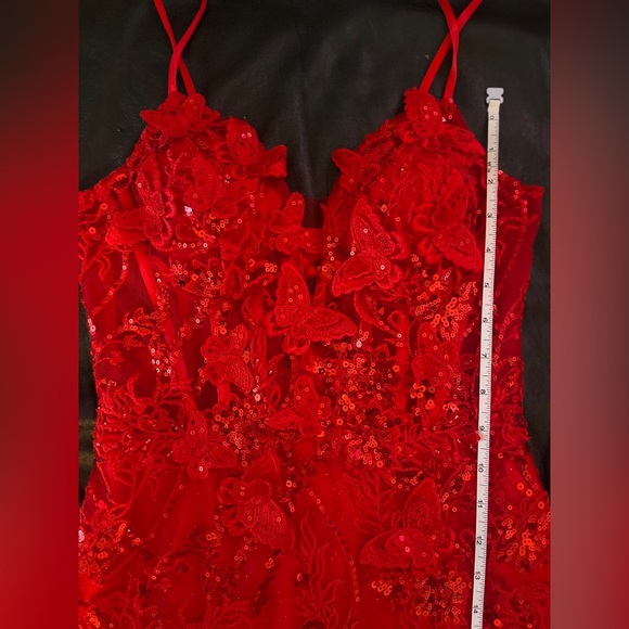 Red V Neck Sleeveless Glitter Corset Laced Back Slit Prom Dress Sequins- XSmall - Picture 7 of 7